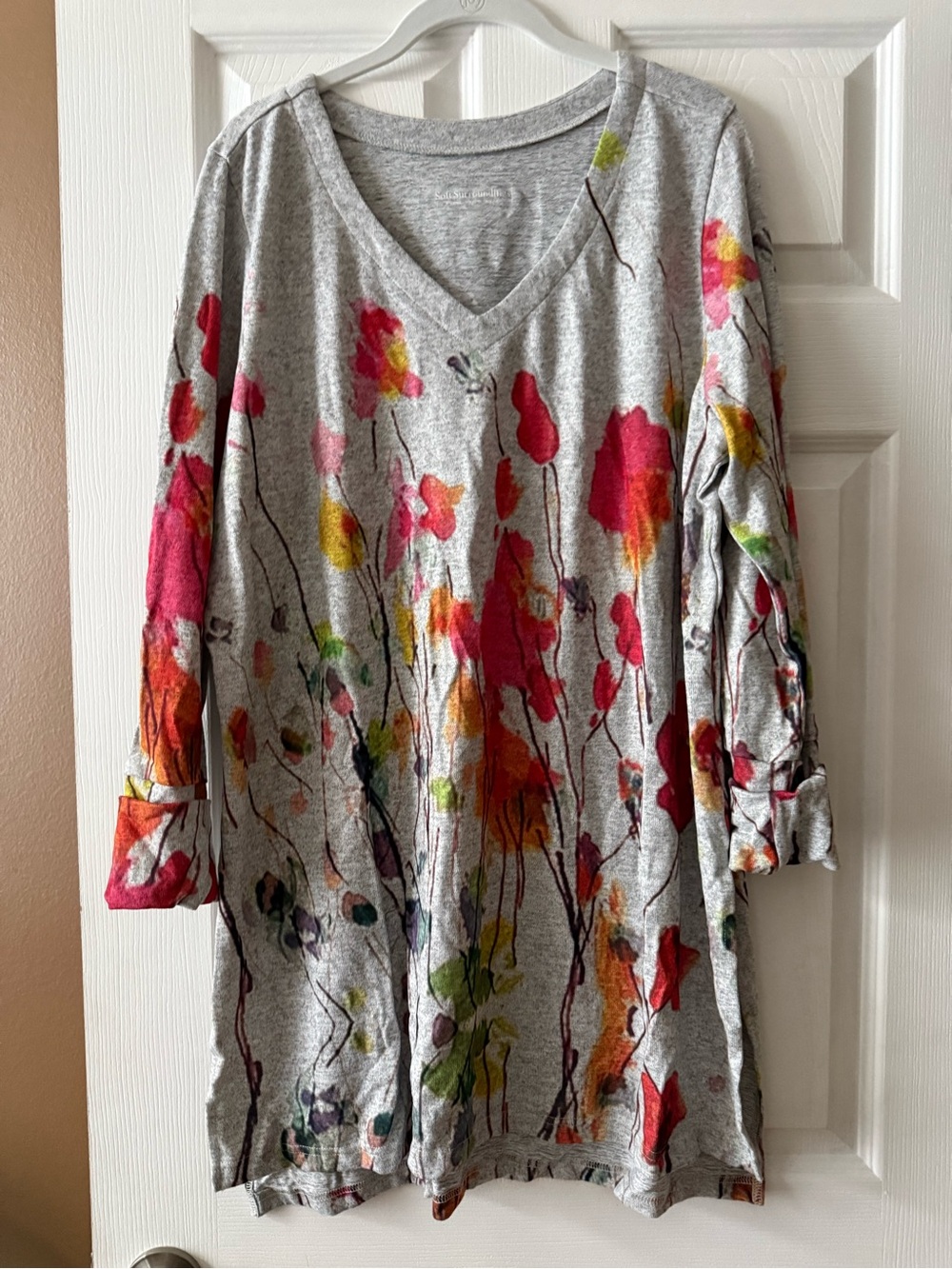 Soft Surroundings Poppy Field Gray V-Neck Watercolor Tunic Top XL
